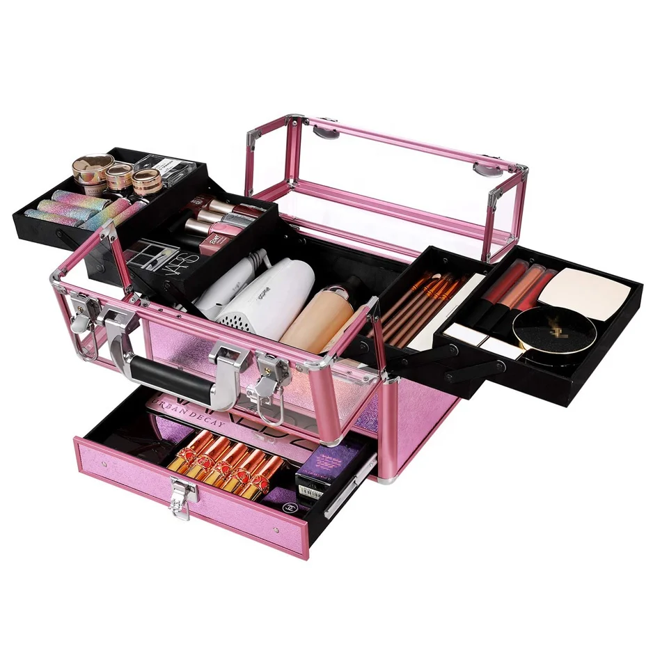 Deluxe Makeup Case Beauty Cosmetic Vanity Organizer for Professional Artist Use Train Case with Transparent Acrylic Lid