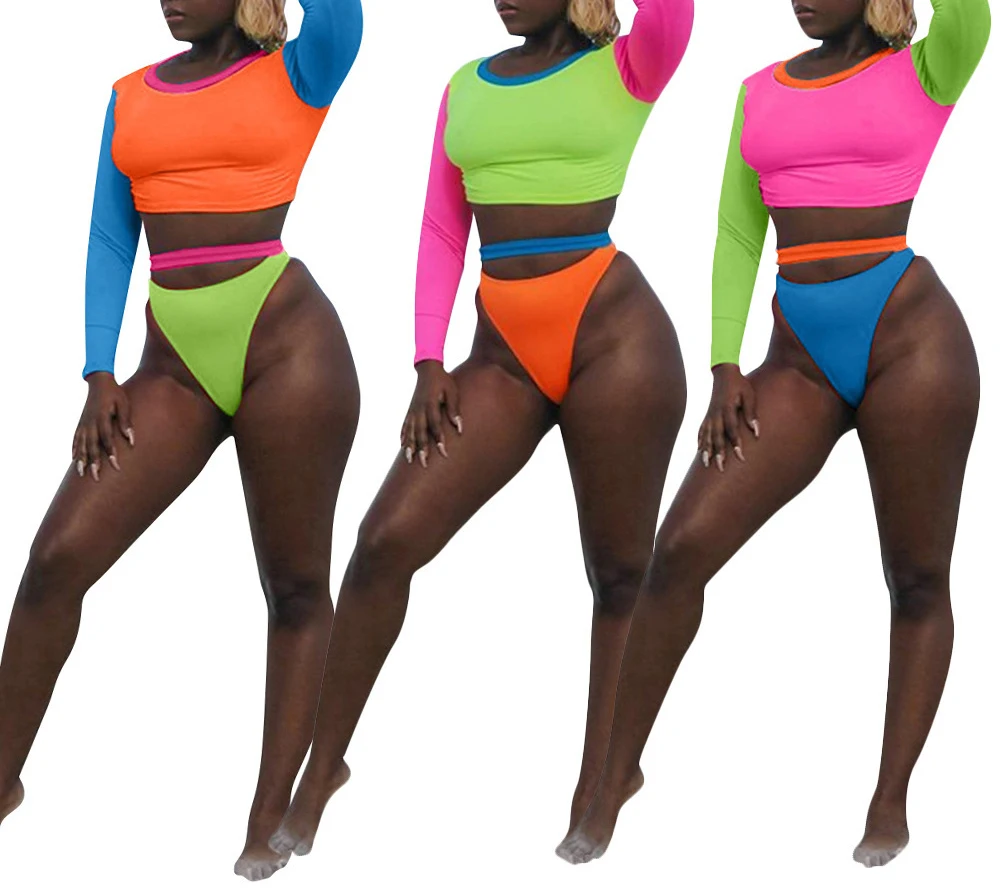 Новое поступление 2021, летняя мода, Женский Повседневный кроп с круглым вырезом и длинным рукавом, с поясом, цветной, в стиле пэчворк, комплект из 2 предметов, бикини, купальник