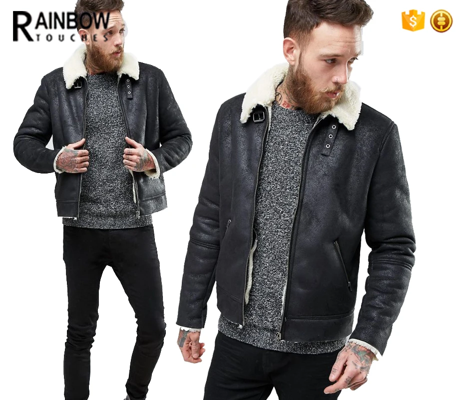 Heavy Weight Faux Shearling Men Suede Leather jacket Black Winter Jacket