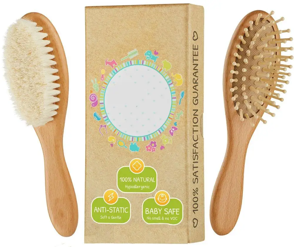 Wholesales Customized Logo Baby Hair Brush And Comb Set For Newborn, 100% Natural Wooden Boar Bristle Custom Hair Brush