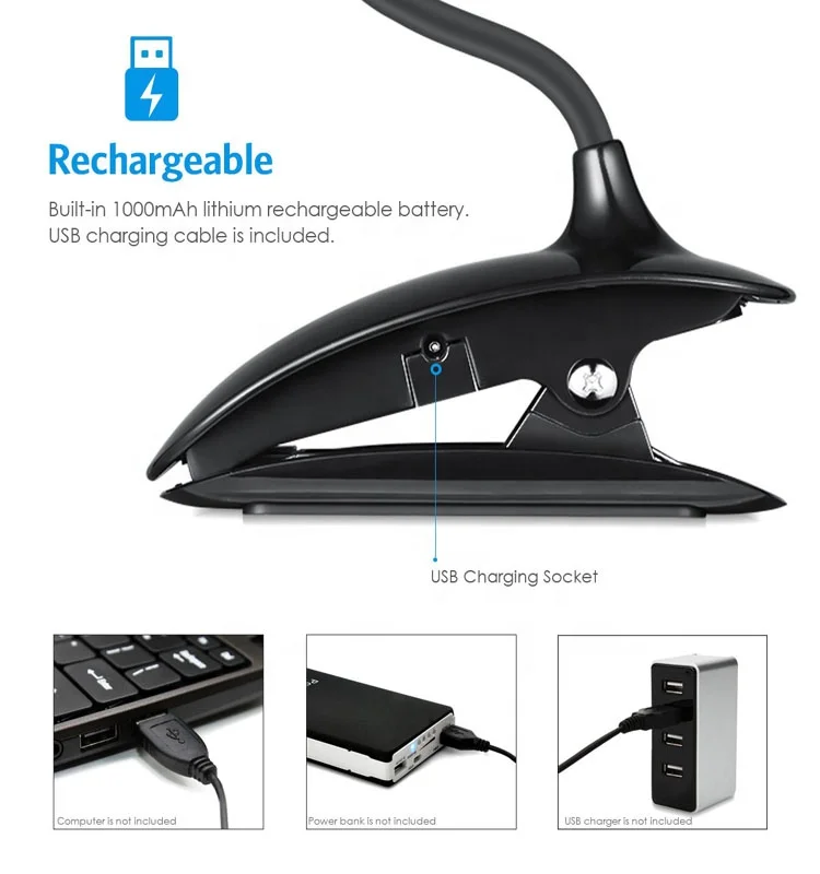 Rechargeable 16 LED Book Light Clip on Reading Light Flexible Desk Lamp with Touch Switch 3 Levels Brightness Eye-Care