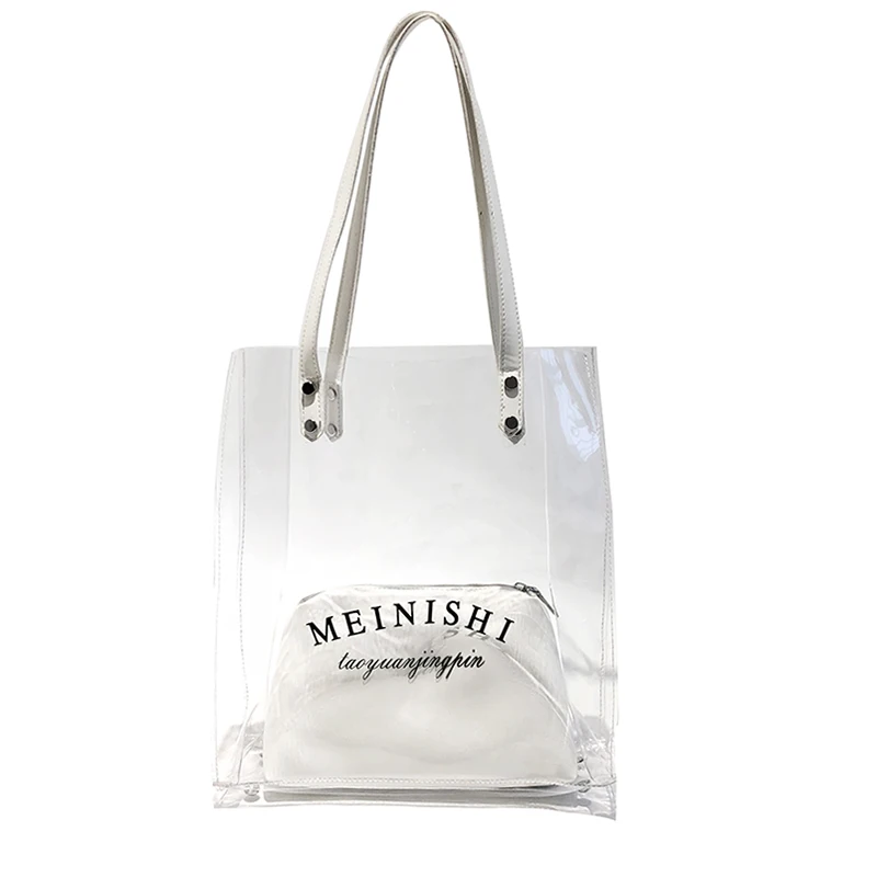 
Women Tote 2pcs Set Bags Transparent PVC Plastic PU Clear Bag 