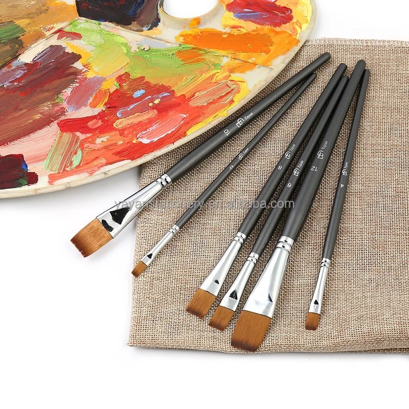 High Quality 6PCS Flat Korea Synthetic Nylon Wooden Handle Acrylic Paint Brushes