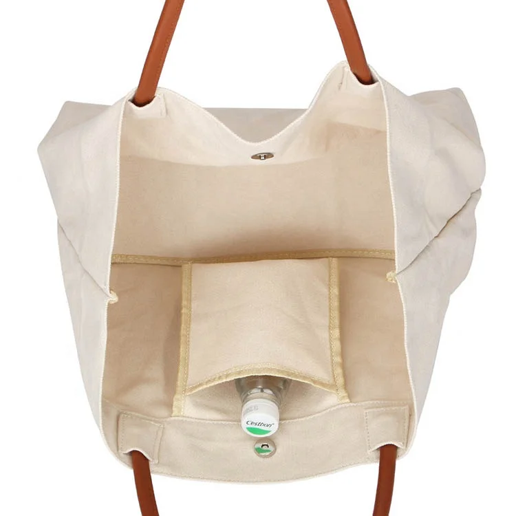 Heavy Duty Blank Women Shoulder Tote Beach Bag Canvas With Leather Handle