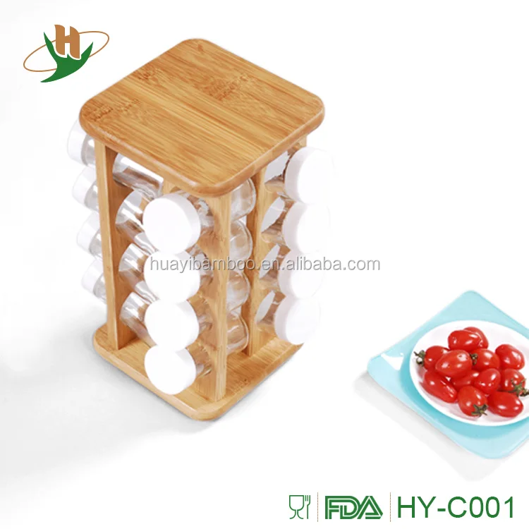Free refills storage home kitchen bamboo rotatable spice rack with 16 glass spice jars