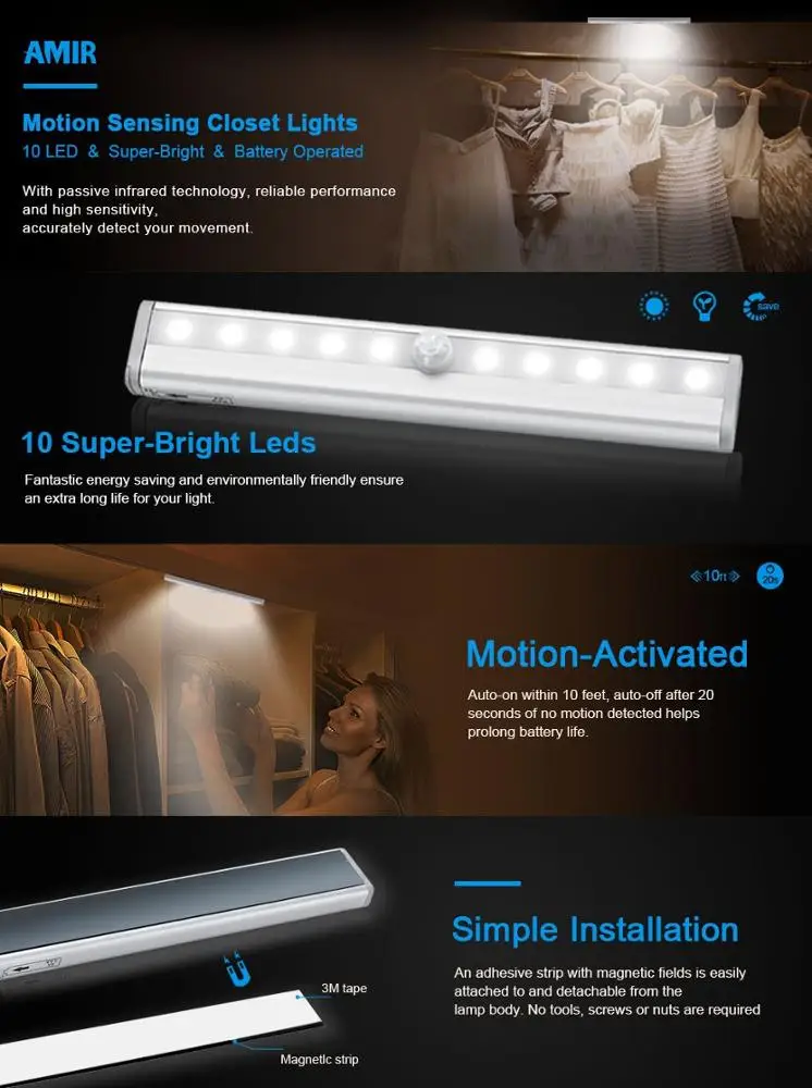 Светодиодные лампы YARRAE, 10 светодиодов, питание от батарейки, ночное освещение, портативный магнитный светильник для шкафа безопасности