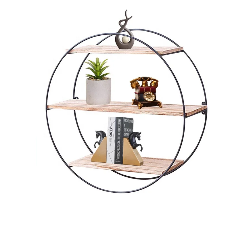 Rustic Floating Wall Shelves Metal Round Solid Wood Wall Shelves for living Room Storage Shelf