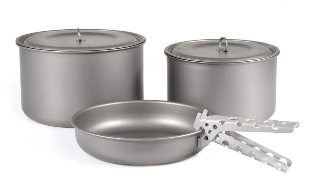 Non-stick Titanium Cookware Sets 2 Titanium Pots and 1 Titanium Frying Pan For Camping Hiking Travelling