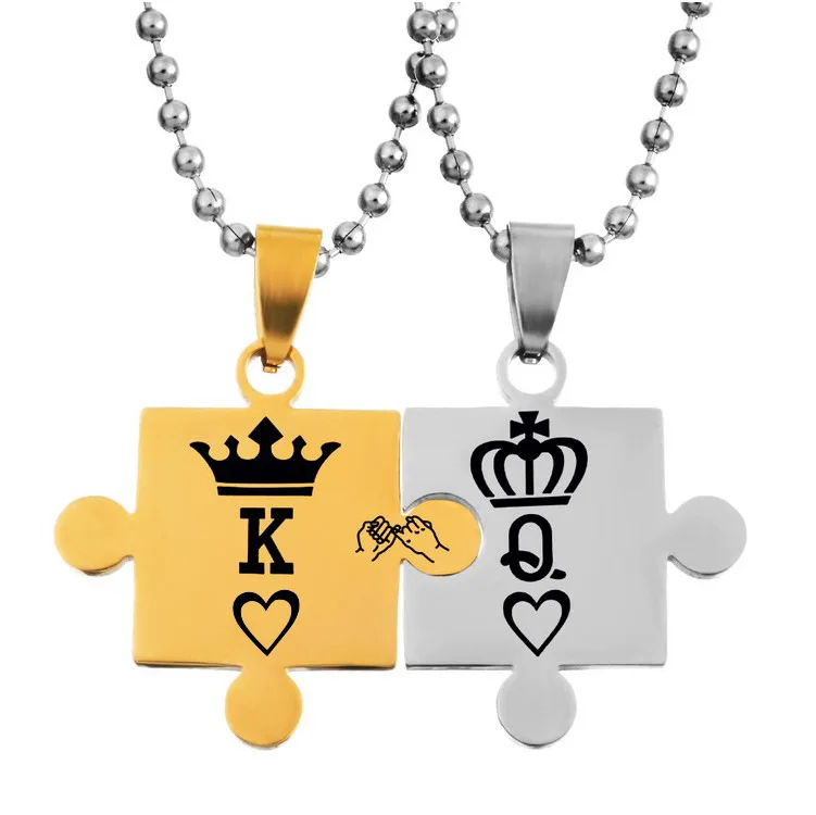 Wholesale Custom Logo Blank Dogtag Puzzle King Queen Necklace Jigsaw Poker Stainless Steel Pendant Lovers Necklace