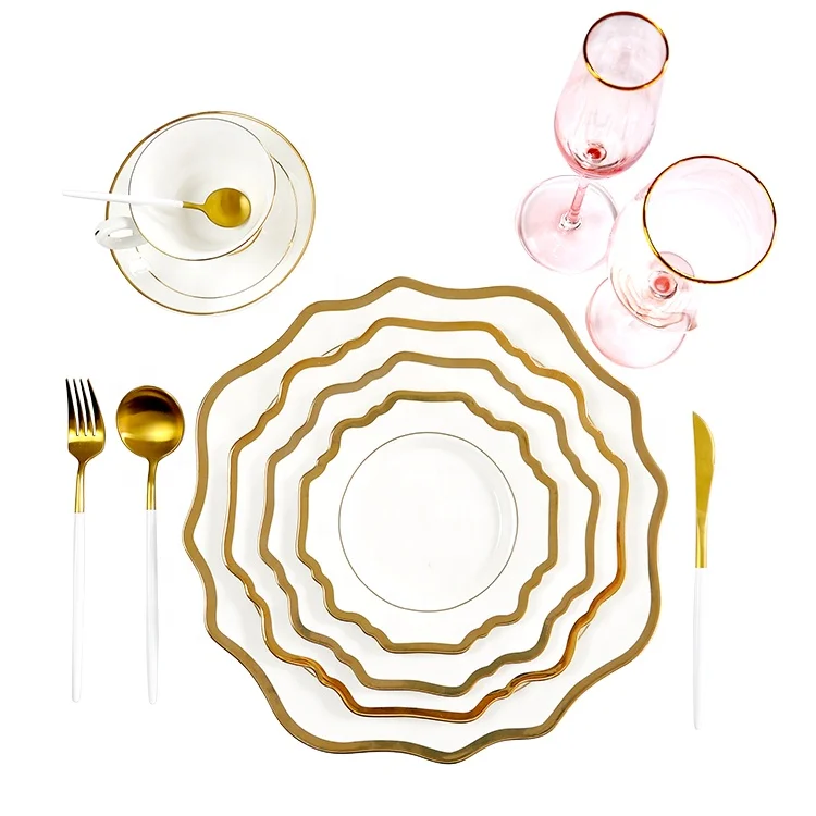 
Gold rim wedding tableware yellow dinnerware sets, porcelain table ware dinner set 