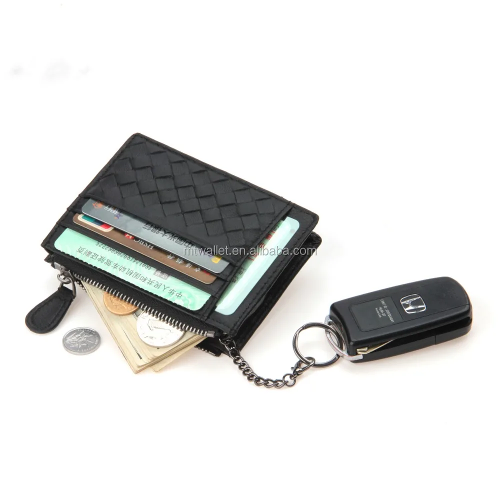 Colorful woven leather keychain credit card holder key card holder, key ring credit card holder with zipped coin pocket