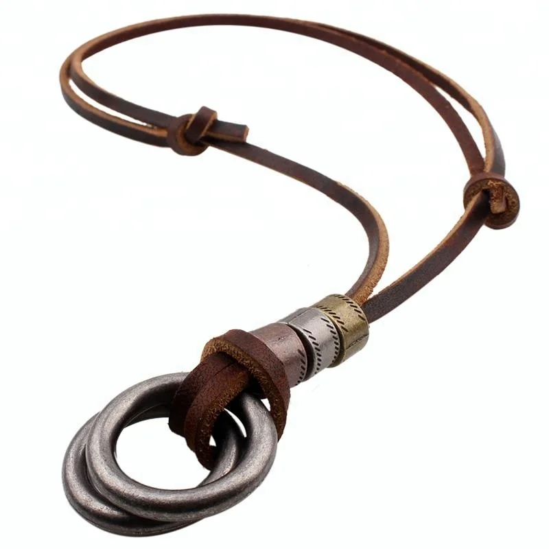 Vintage 2 rings pendant leather cord necklace wholesale Real leather rope necklace with alloy pendant