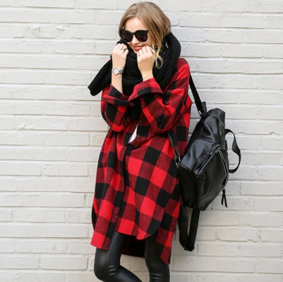 
new wholesale women casual cotton flannle oversize long plaid shirts 