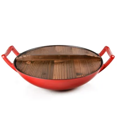 Induction Japanese Enamel Cast Iron Wok Pan With Wooden Cover