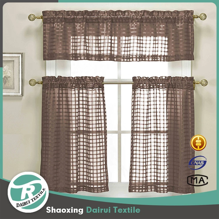 Sheer Kitchen Curtain 3 Piece Woven Check Design 1 Valance 2 Tier Panels