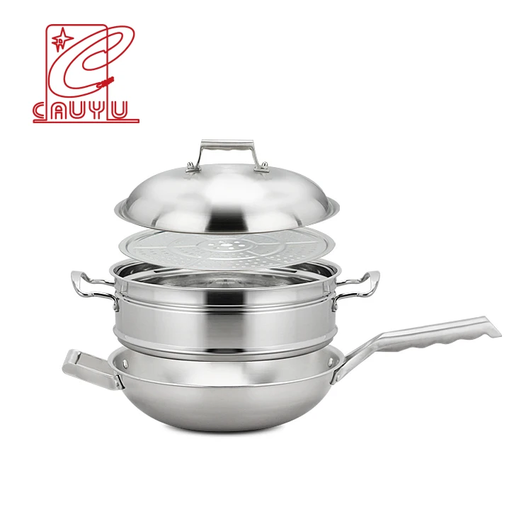 Последняя трехслойная фанера из нержавеющей стали 2 слоя сковорода вок сковорода с инструмент для кухни, с разными насадками и пароварка