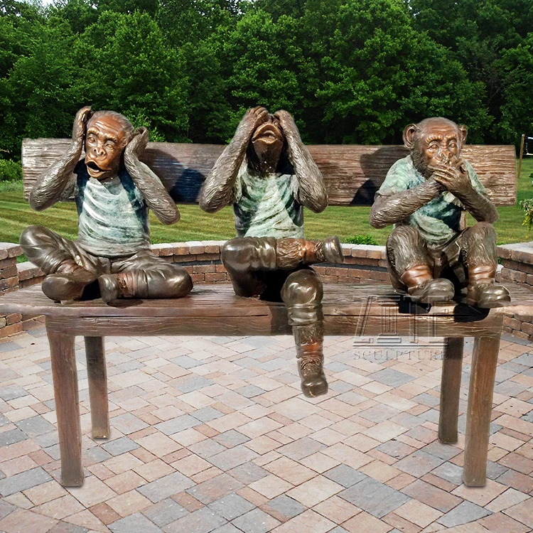 Garden Decorative Brass Animal Statue Antique Bronze 3 Three Monkeys Sculpture