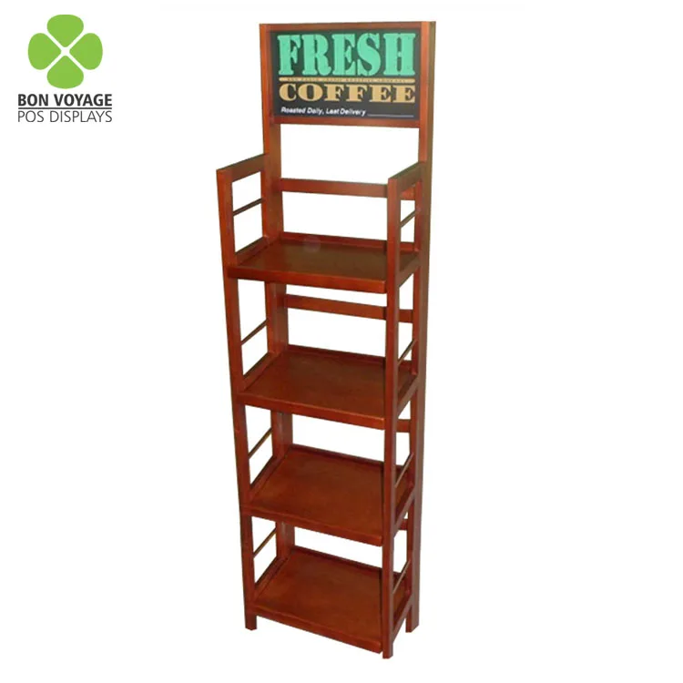 Retail floor standing pos pop wood coffee bean display rack for grocery store