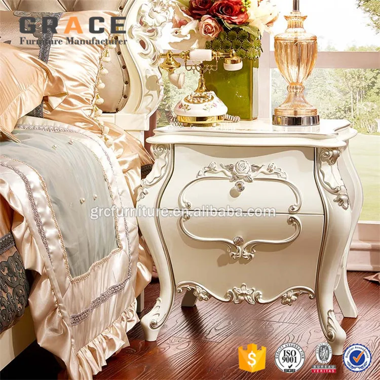H8803W European Style Antique White Bedroom Furniture Nightstands Bedside Table