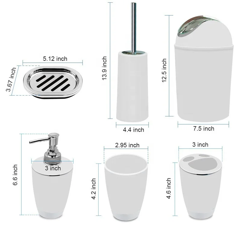 Plastic Six Pieces Bathroom Accessories Set with Toothbrush Holder Manufacturer Hotel Luxury 1PC/PE, 1set/white Box or Color Box