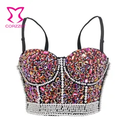 Corzzet Pink Lovely Corset Bra With Beading & Rhinestone Nightclub Party Bustier Women Performance Wear Crop Tops For Bigger Cup