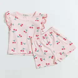 Summer girls clothing set cherry printed cotton baby suit