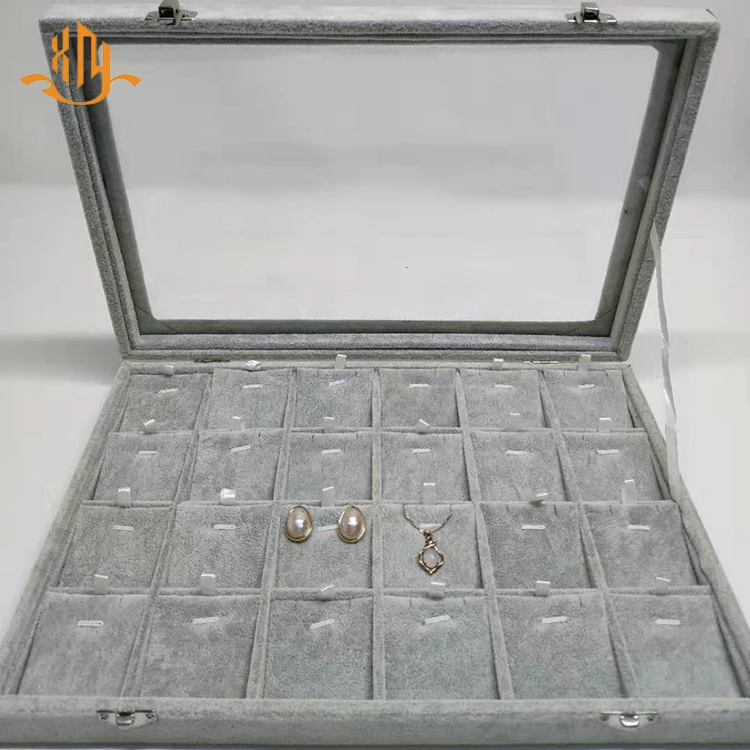 XIANGYU Custom Gray Velvet Wood Necklace Pendant Jewelry  Display Stand Tray