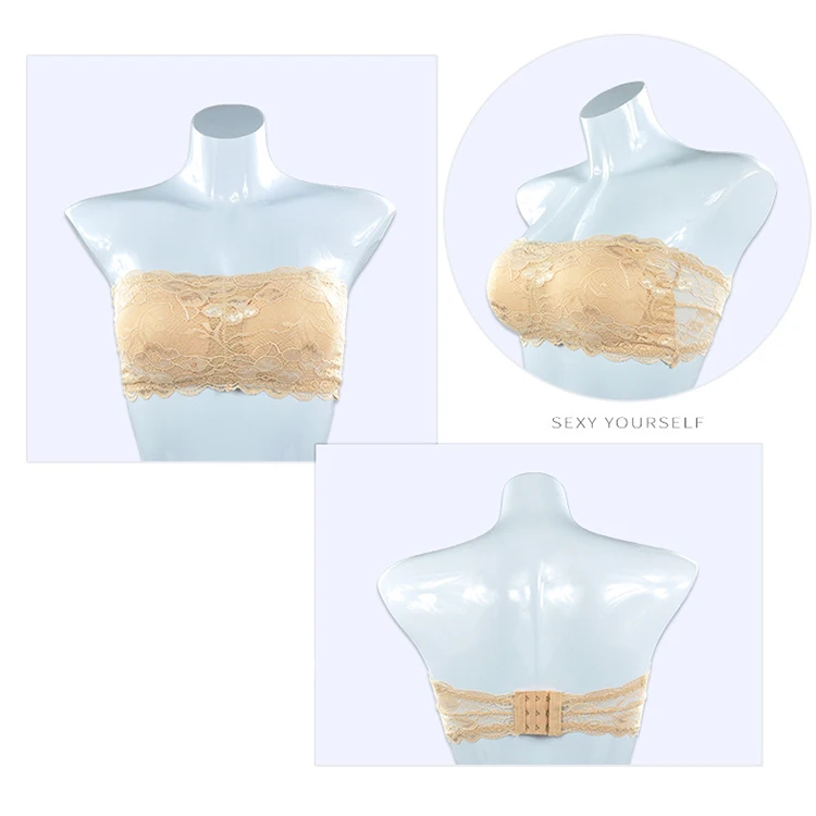 Sexy Back Boob Tube Strapless Bra,Yoga Stretch Crop Top Removable Crochet Lace Neck Bralette