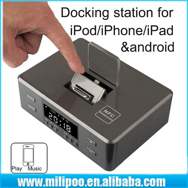 Premium Compact 8-pin/30-Pin/Micro Charging Speaker Dock with FM Radio, Alarm Clock, NFC Blue-tooth speaker