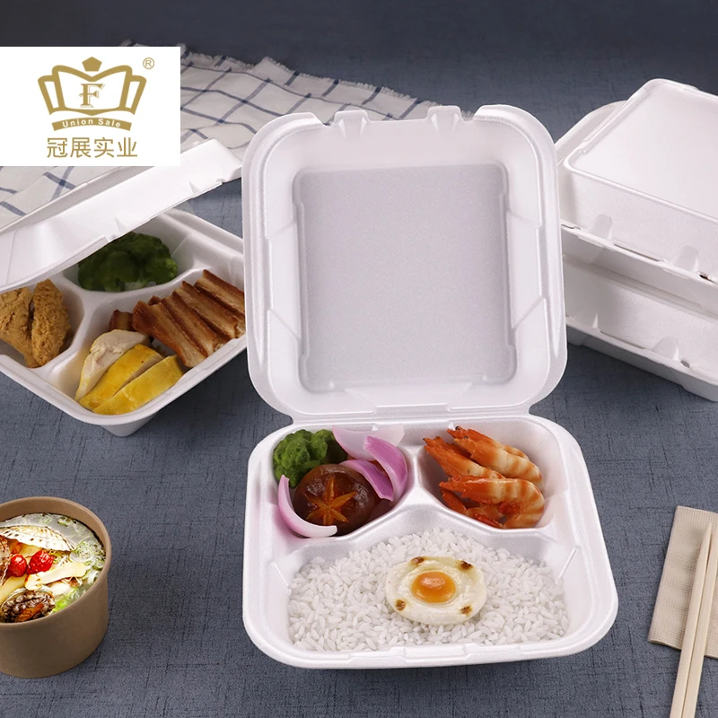 
9inch Disposable foam take out lunch box clamshell food packaging with 3 compartment to go lunch box 