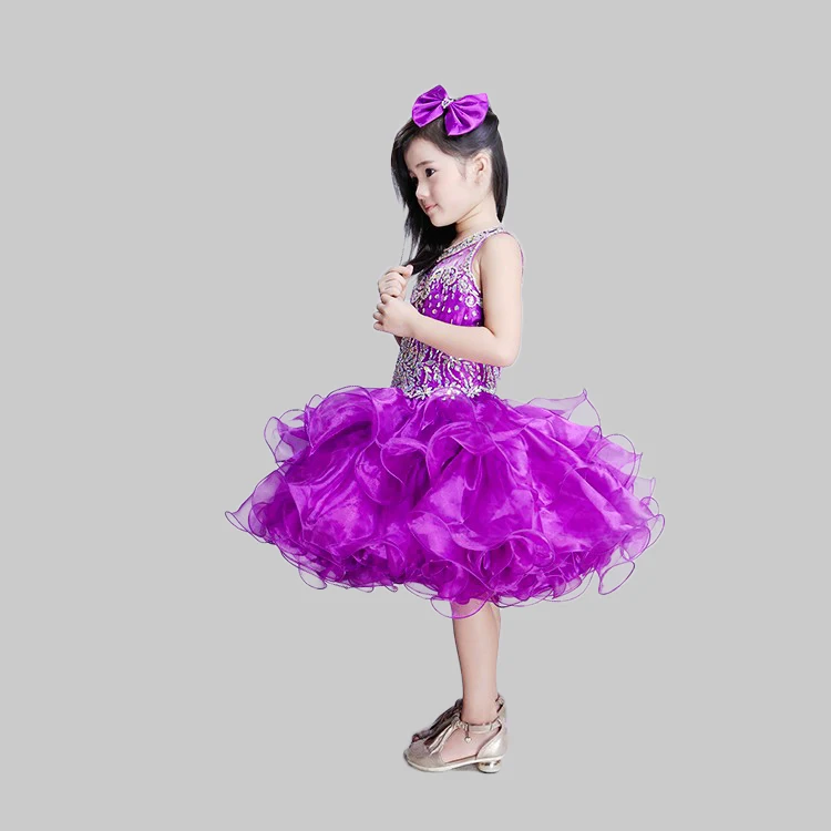 Hot selling organza short child dress summer beaded girls dresses purple