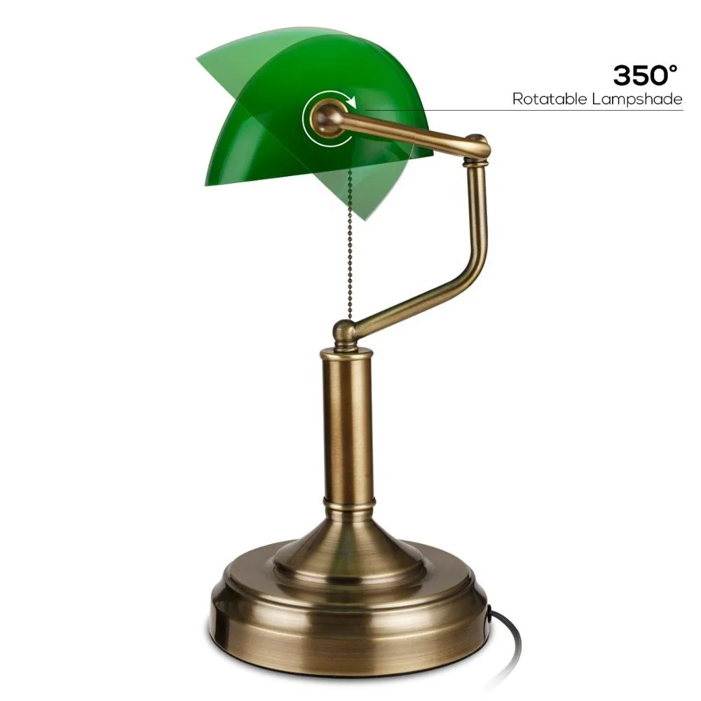 M-1096 Satin Brass Traditional Banker Lamp Antique Style Emerald Green Glass Desk Light