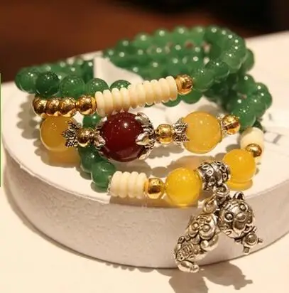 Natural Green Agate Bracelets for Women Round Crystal Tiger pedant Stone Multilayer Jade Bracelet Jewelry Accessories