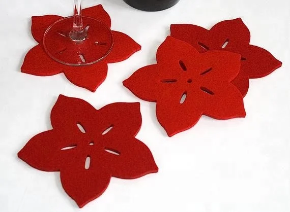 4 Pack Colorful Flower Shape Felt Cup Coasters for Drinks