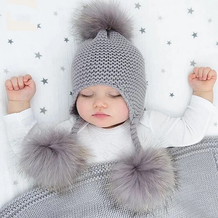 Kids Size Real Raccoon Fur hat Attached Wool Blend Crochet knitted string pom pom beanie for girls