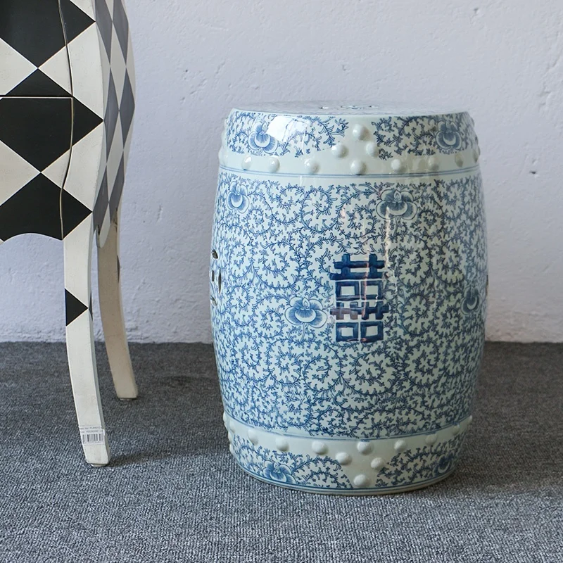 Blue and white double happiness Chinese ceramic garden stool porcelain seat for home decorative change shoe stool in living room