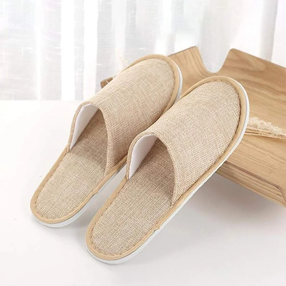 Одноразовые биоразлагаемые экологически чистые тапочки из хлопка и льна коричневого цвета с закрытым носком для спа-отелей