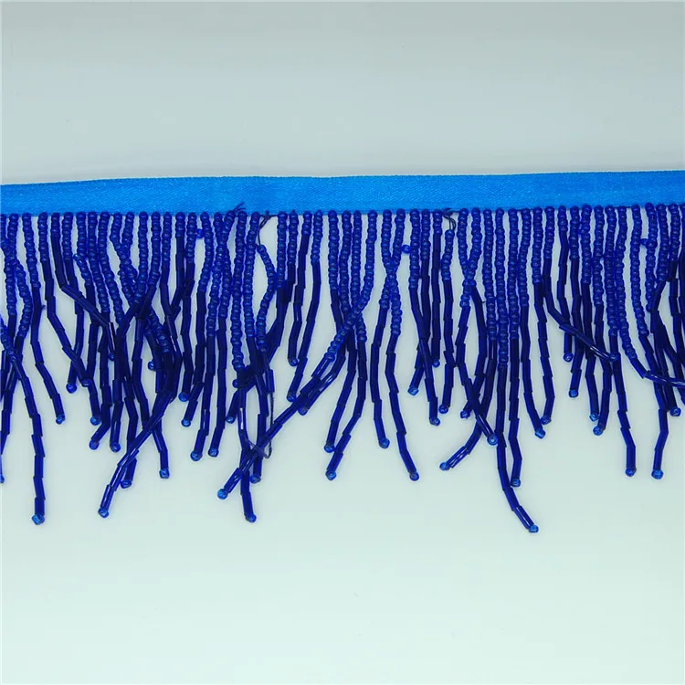 Wholesale blue ribbon bugle tassel trimming beaded fringe for dress costume