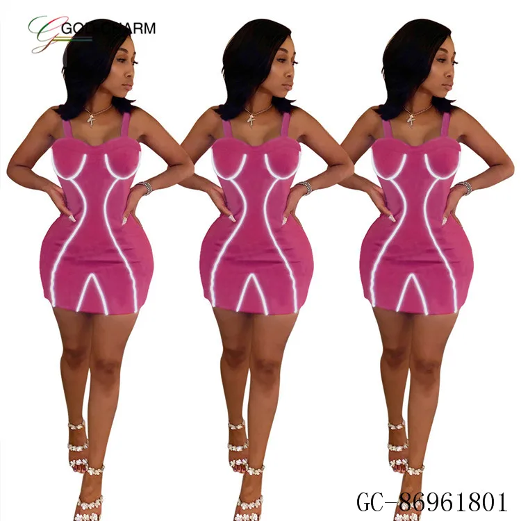GC-86961801 Wholesale Women Sexy Reflective Fabric Plus Size Striped Spliced Night Club Mini Dress 2019 African Clothing