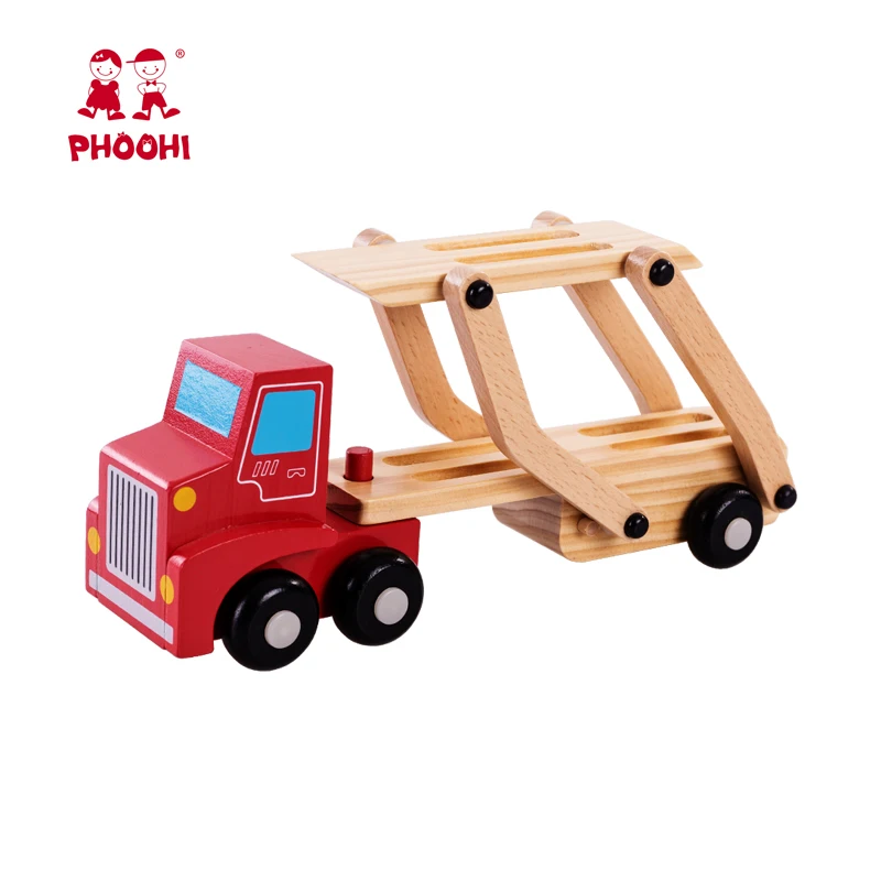 Kids play educational vehicle children wooden racing car carrier truck toy with 3 cars