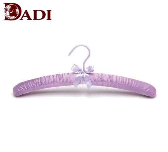Colorful solid wood flocked Lingerie display satin clothes hanger with lovely bow tie flexible clothes hanger