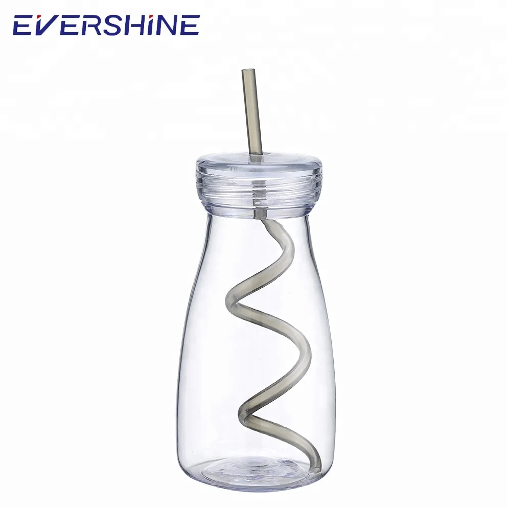 Cheap hot sale 350ml beverage plastic bottle milk bottle with straw