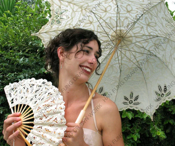 100% Cotton Handmade Belgian Lace Parasol & Lace Fan