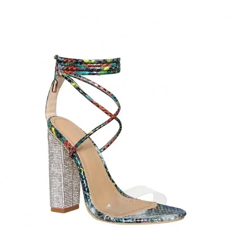
Women Gladiator Ankle Strap Clear Rhinestone Lace Up Chunky High Heel Snake Skin Strappy Sandals 