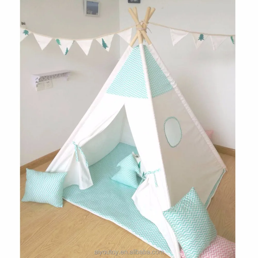 
Kids Play Tent Indian Teepee Children Playhouse four poles with green stripe 