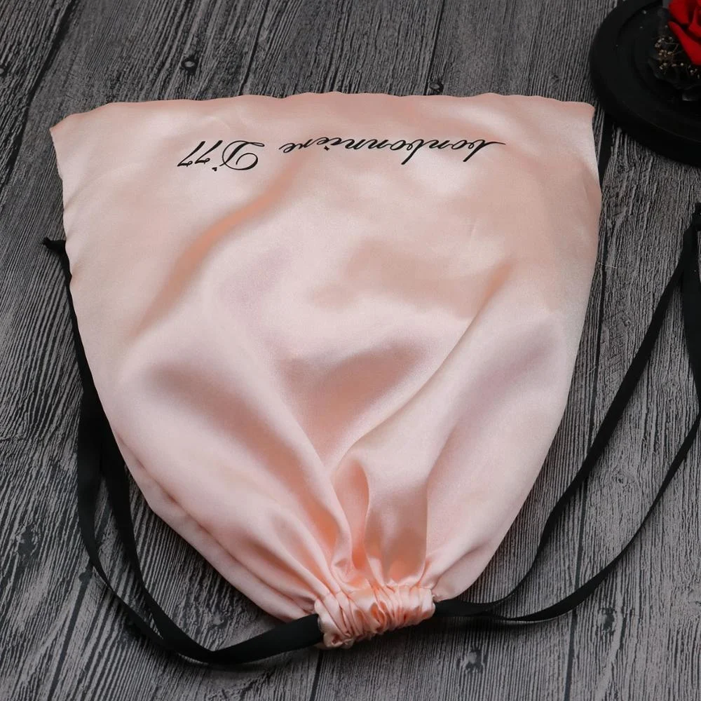 Pink satin bags for hair extensions with logo printed