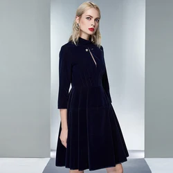 Maxnegio Classy Women Dress Beaded Flapper Dress V-Neck Office Velvet Dress