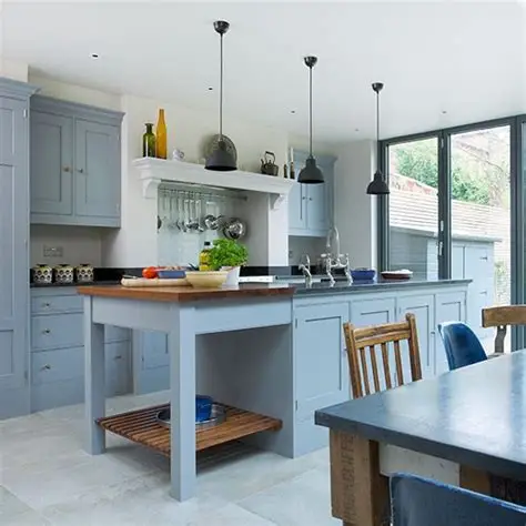 
2018 Hangzhou Vermont Popular kitchen Cabinets Sky Blue Color Lacquer Shaker Kitchen Cabinets MDF Modular Kitchen 