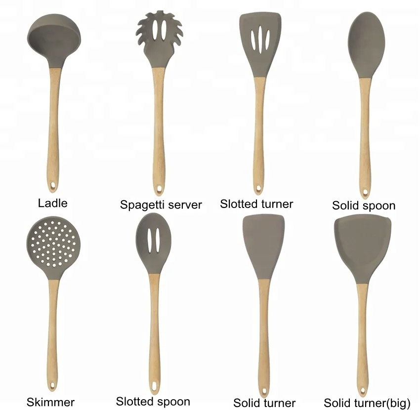 Hot Selling Non-stick Heat-resistant Wholesale 8 piece Silicone Kitchen Cooking Utensil Set with Wood Handle