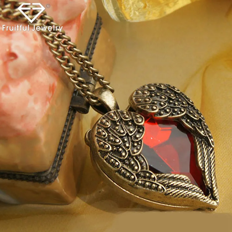 Fashion Jewelry Manufacturers Red Diamond Wings Heart Locket Necklace Love Pendant